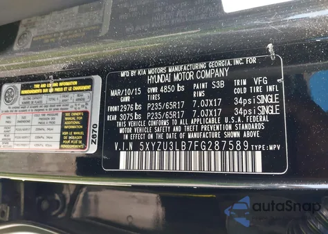 2015 Hyundai Santa Fe Sport 2.4L from USA, damaged, VIN 5XYZU3LB7FG287589